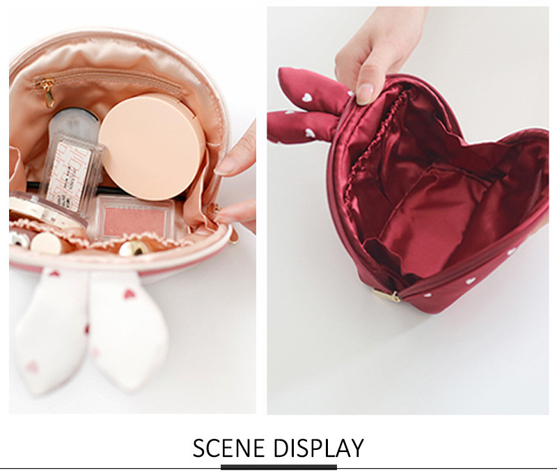 Luxury Half Moon Rabbit Shape Satin Red MakeUp Bag For Ladies