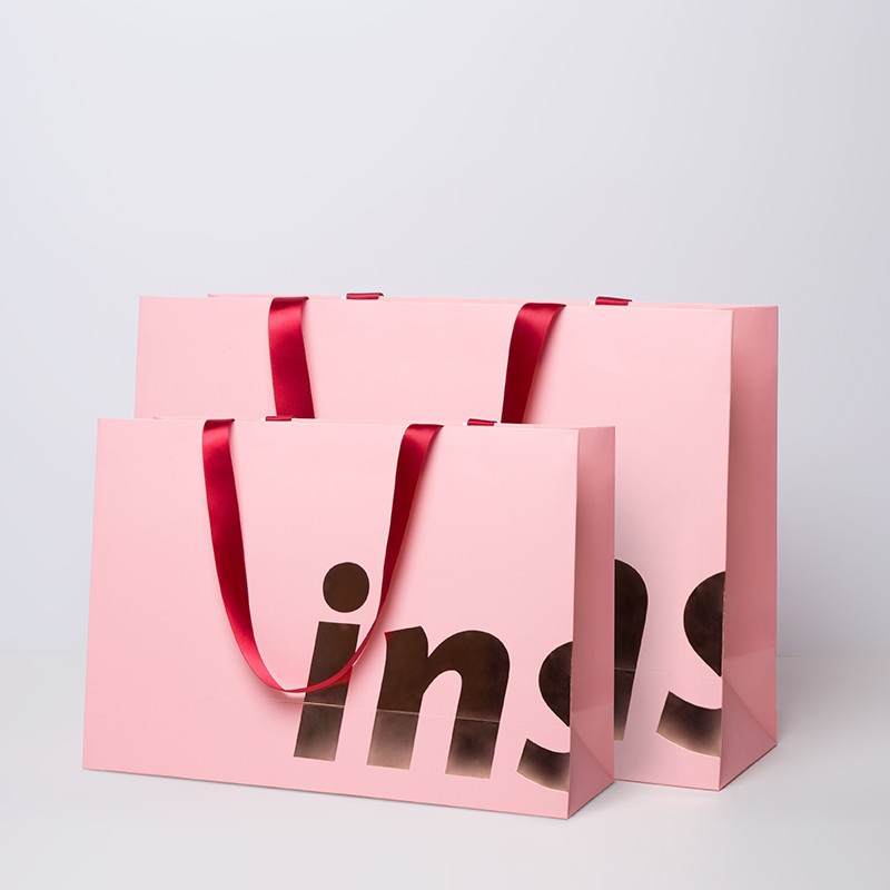 Hand Length Handle Ins Style Pink Paper Bags for Boutique Gift Craft Shopping Custom Order