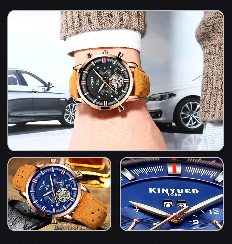 KINYUED J019-3 Private Label Gold Case Genuine Leather Auto Date Skeleton Tourbillon Automatic Mechanical Wristwatches