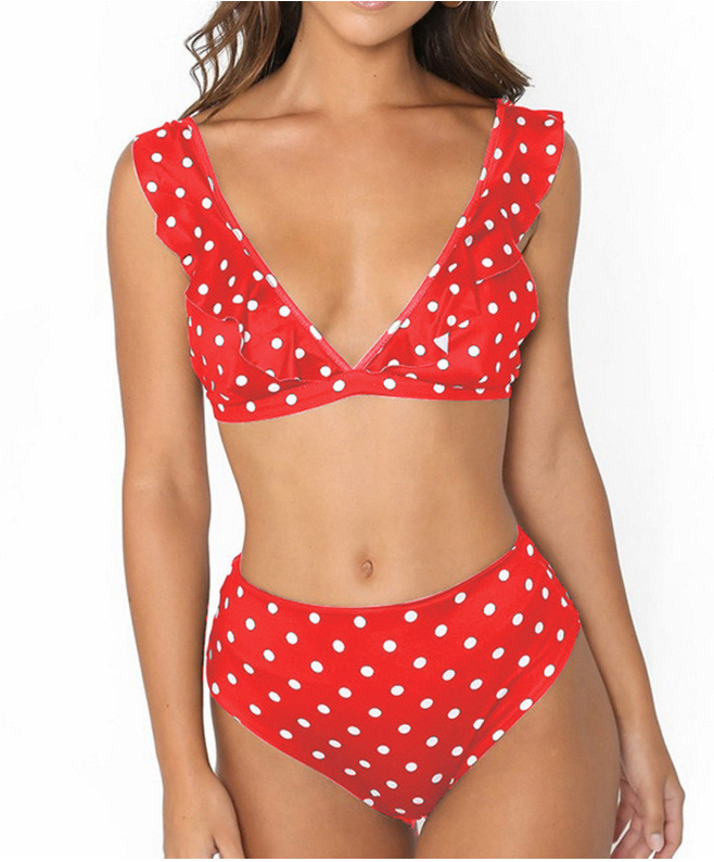 2018 Sexy High Waist Bikini Women Swimwear Push Up Swimsuit Ruffle with spot flounced on shoulder