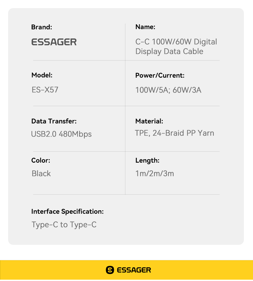 ESSAGER ES-X57 Series 60W 100W USB C Fast Charging Cable Type C