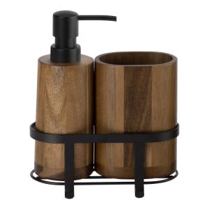 China Bathroom Accessories Set Wooden Soap Dispenser Black ABS Pump Oval Toothbrush Holder Black Metal Rack Wooden Texture wholesale