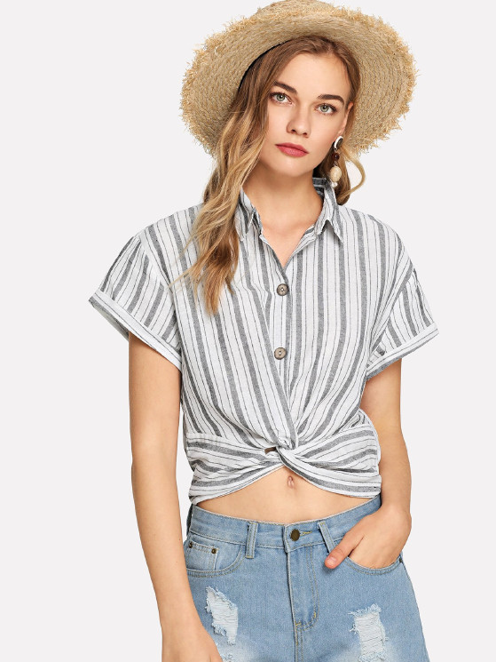 2019 Fashion women stripe design blouse with shirt collar