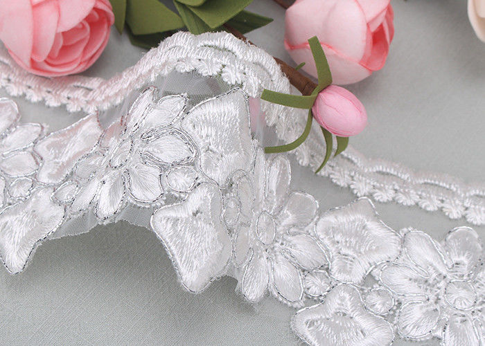 White Lace Ribbon Embroidery Fabric With Silver Lurex Poly Yarn Eco - friendly