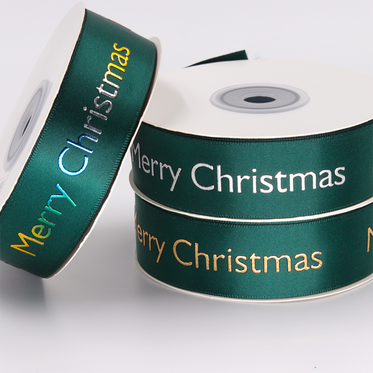 Custom Patterned Hot Stamp Ribbon , Smooth Surface Green Satin Ribbon
