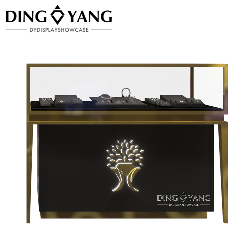 Brush Golden Stainless Steel Custom Jewelry Showcase Match Black Wooden Storage With Lighting