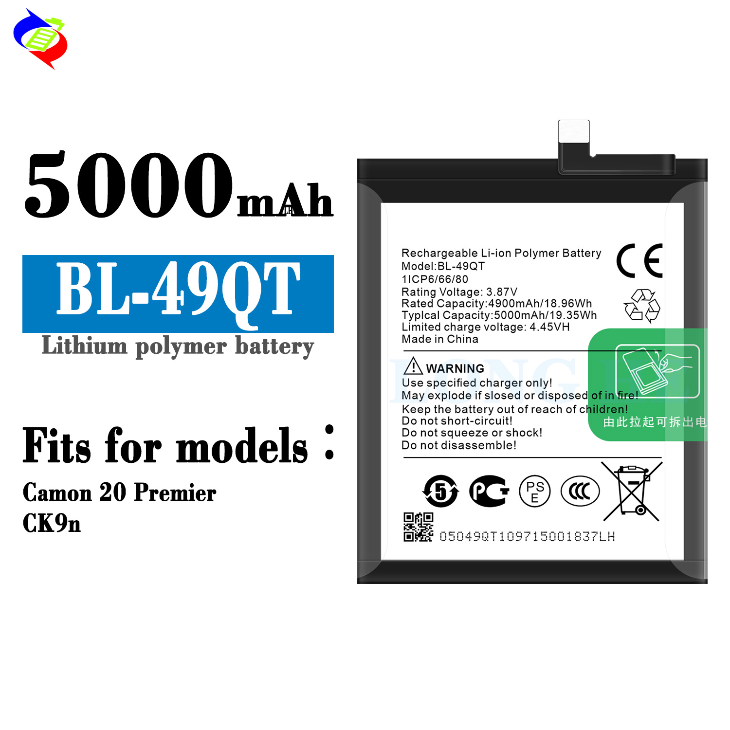 Original Capacity Polymer Lithium Battery BL-49QT for Tecno Camon 20 Premier CK9n