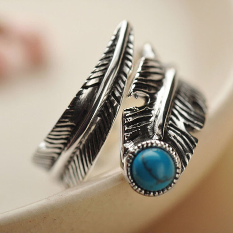 Turquoise Adjustable Tribal Feather Ring 925 Sterling Silver Band Ring (024952)