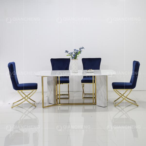 modern 56kg Luxury Marble Dining Table Rugged Stainless Steel Base Rectangle