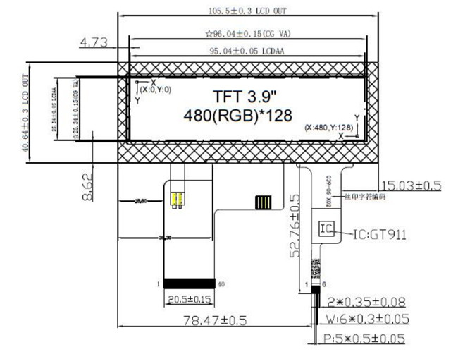 480x128 3.9 Inch RGB TFT LCD Module With Capacitive Touch Screen 40 Pin