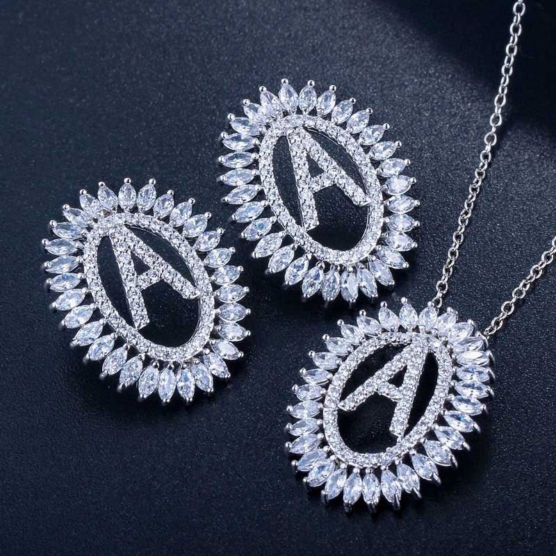 Letter Necklace Earing Jewelry Set CZ Crystal Necklace and Earring Sets Big Wedding Jewelry Sets