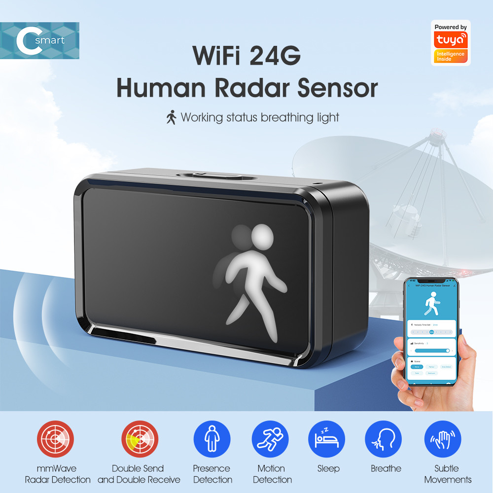 WiFi Human Presence Sensor 24GHz with Tuya APP Control, Breathing Light, and Millimeter Wave Motion Detection