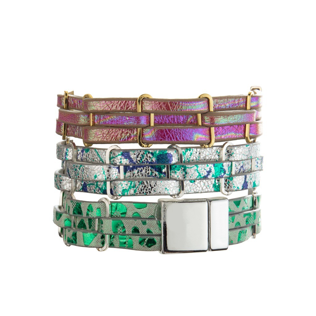 Green Silver Boho 3 Layer Chain Braided Wrap Handmade Leather Bracelets