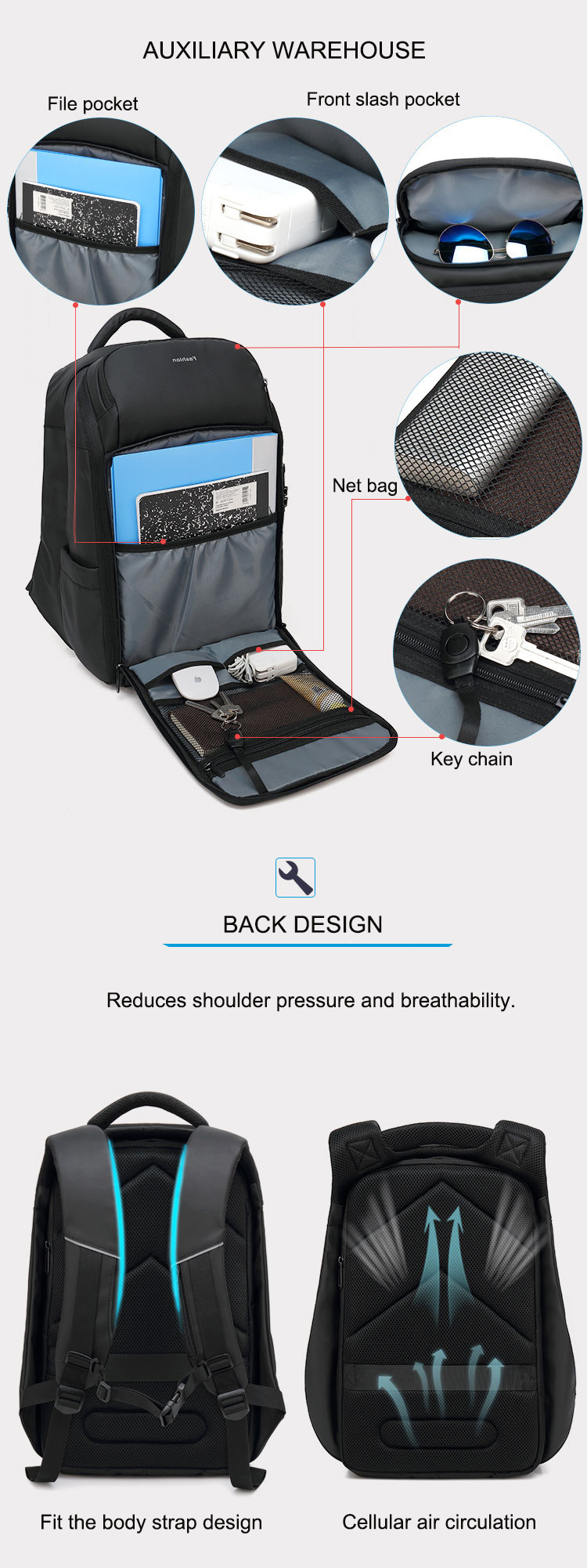Air Cushion Belt Waterproof Men Business Backpack 20-35 Litre