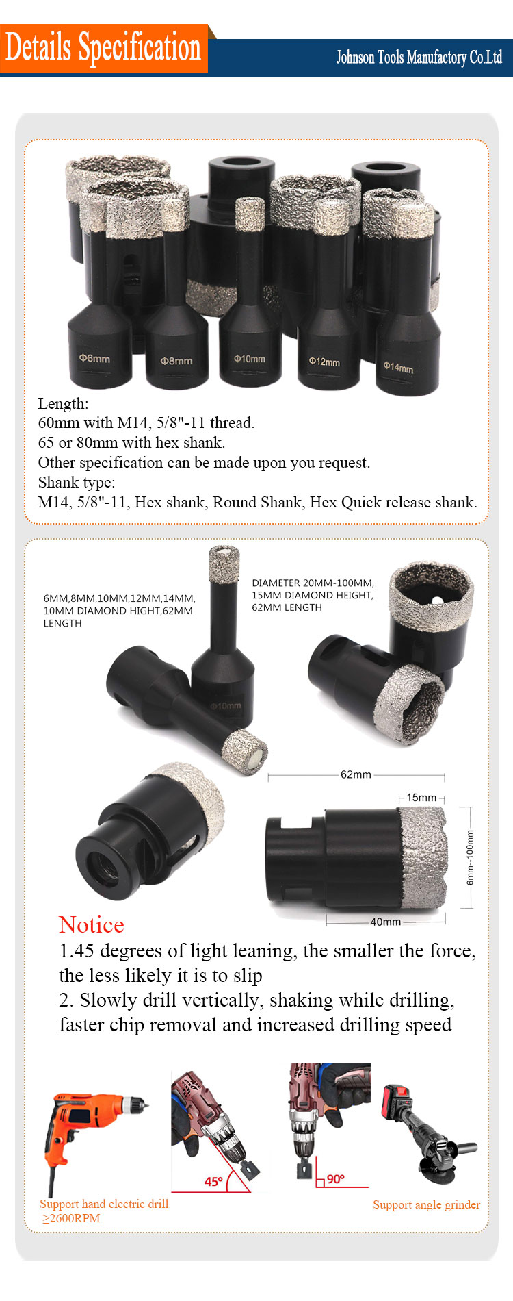 M14 68mm Dry Porcelain Vacuum Brazed Diamond Core Drill Bits