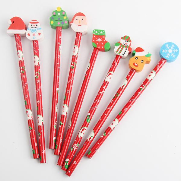 Children School Supplies Christmas Cartoon Eraser Pencil Set with Red Wood Pencils