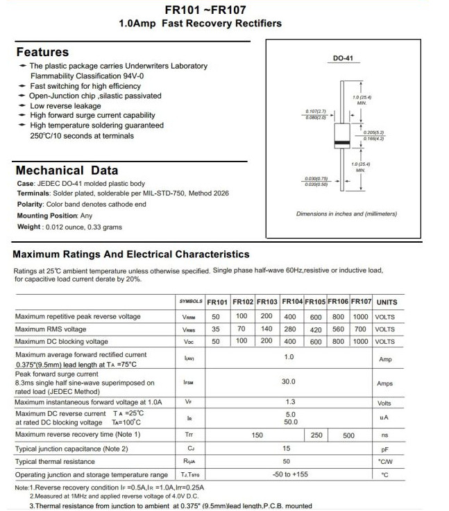 Fast Recovery Rectifier Diode 1A FR101 Thru FR107 DO-41 Package