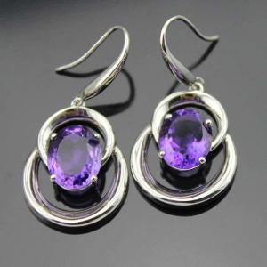 China 925 Silver 8x10mm Oval Amethyst Cubic Zirconia Dangle Earrings (PSJ03275) wholesale