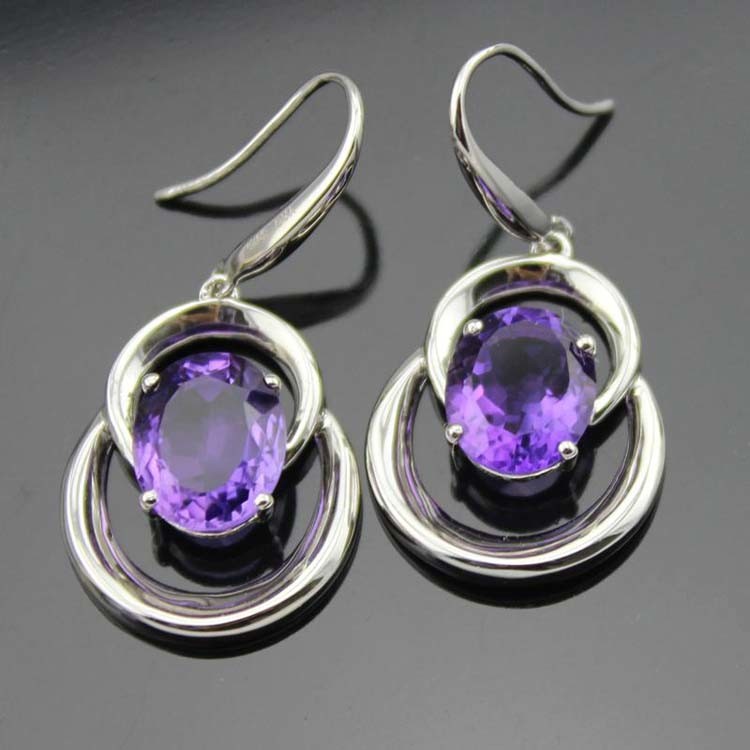 925 Silver 8x10mm Oval Amethyst Cubic Zirconia Dangle Earrings (PSJ03275)