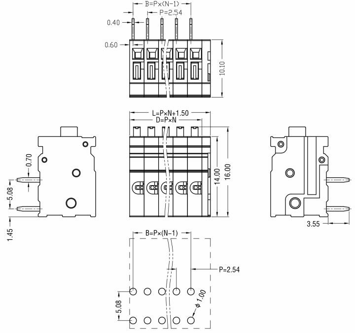 150V HQ211R-2.54mm Pcb Spring Terminal 1P 18AWG