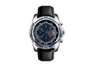 China Chronograph Mens Stainless Steel Watches Leather Strap 50m Water Resistant wholesale