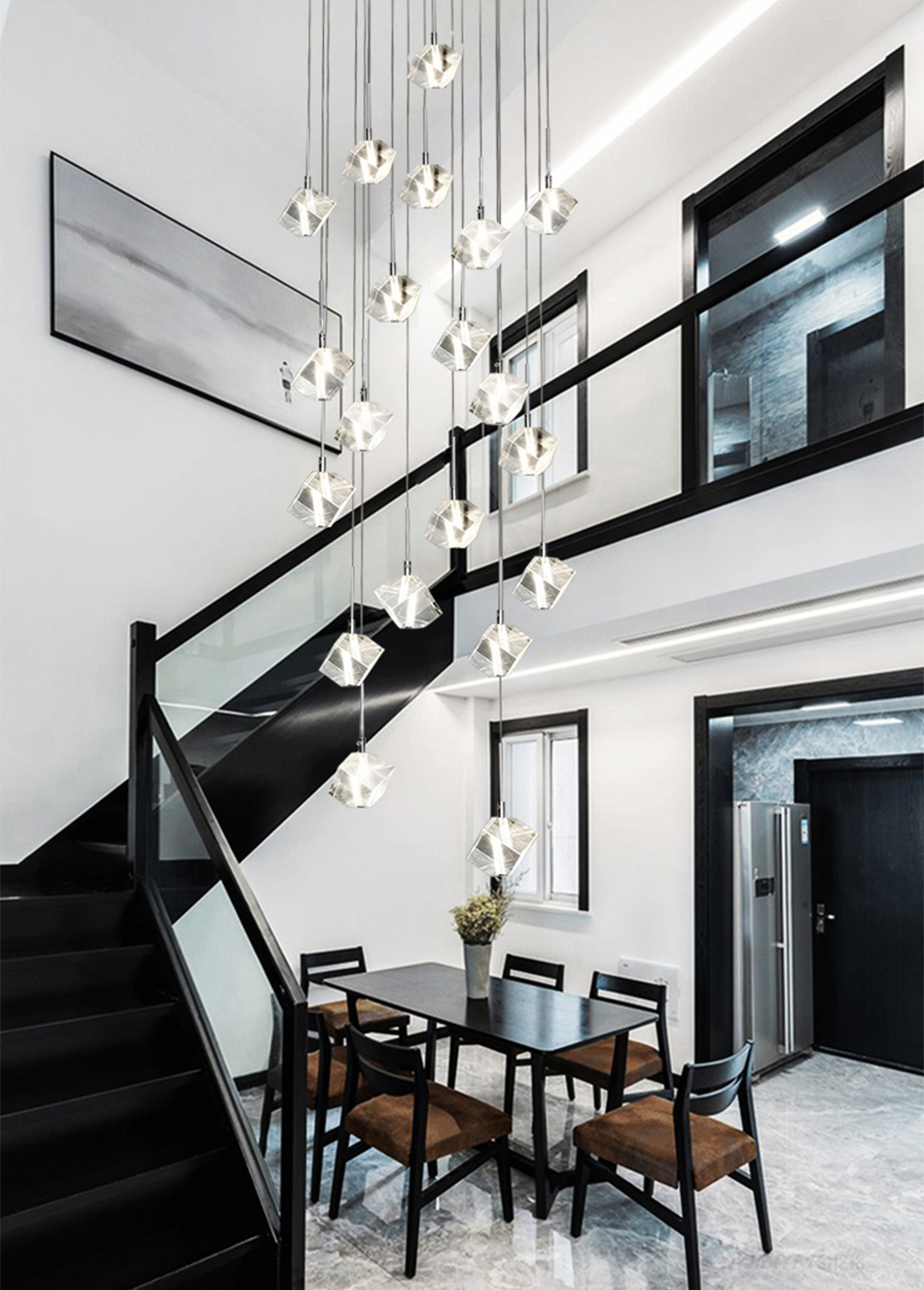 LED square pendant lights hotel villa large spiral staircase chrome Diamond Chandelier(WH-NC-57)