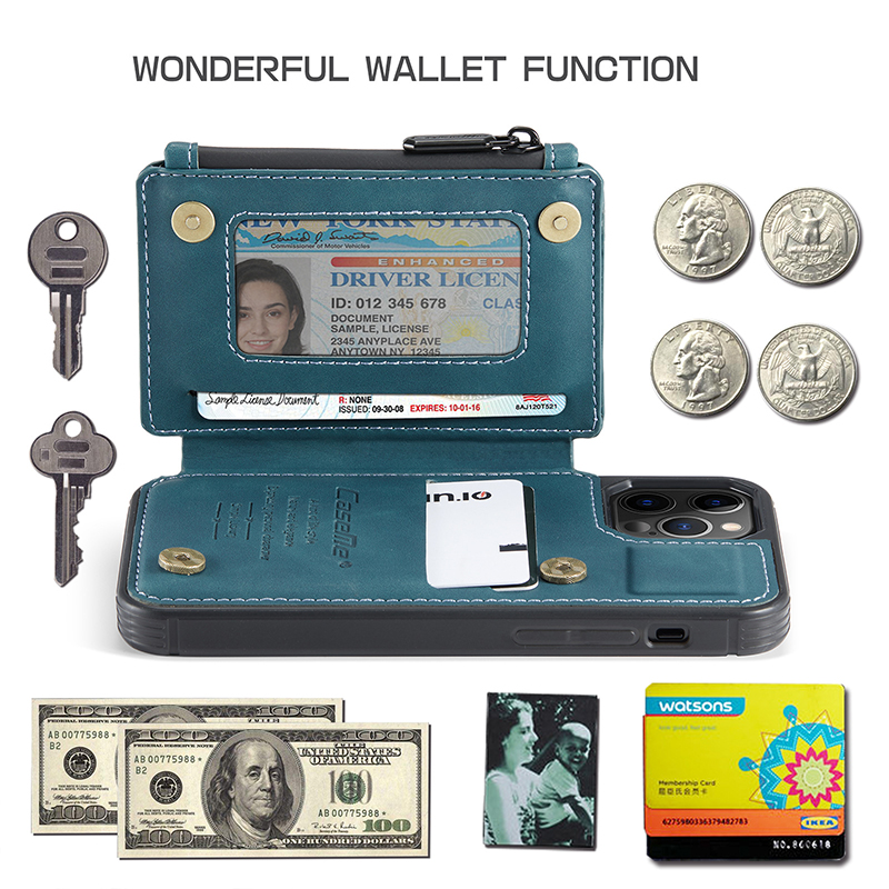 PU Leather Wallet Cover for iPhone 14 15 Pro Max Zipper and Card Slot Closure