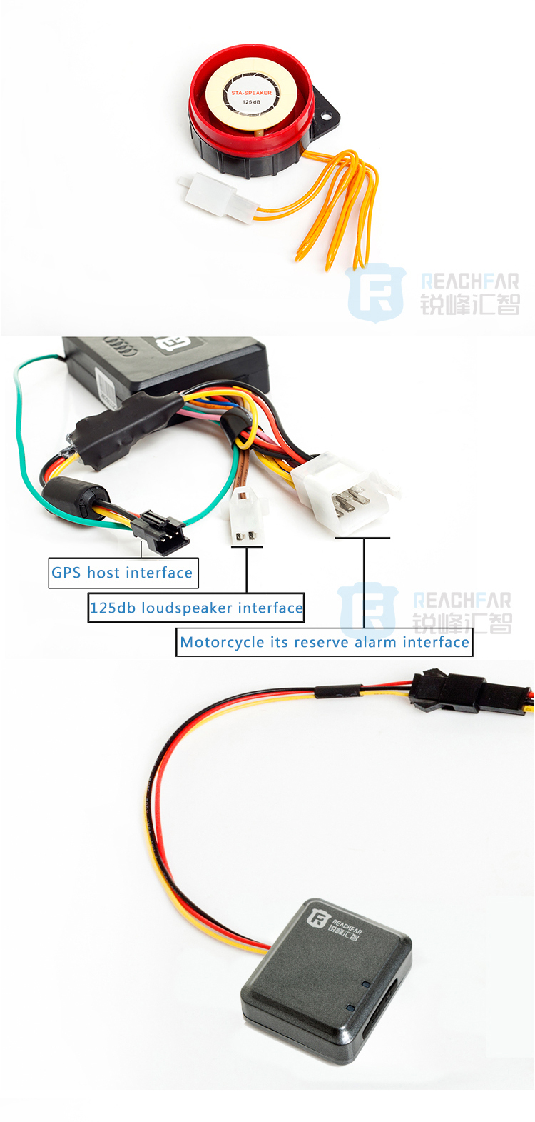 Reachfar rf-v10+ easy install motorcycle anti-theft gps tracker and loudspeakers alarm