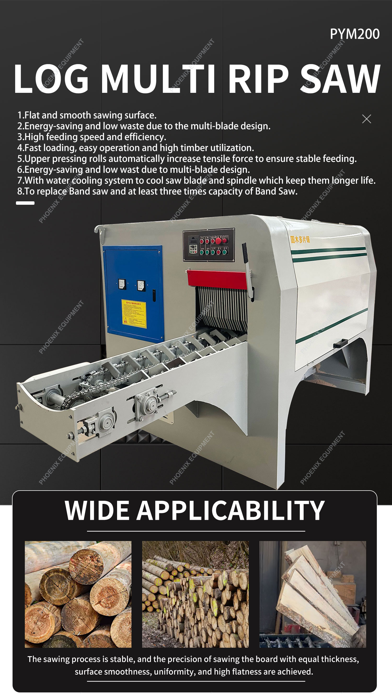 Max.Working Height 200mm PYM200 Automatic Multi Blade Saw for Heavy Duty Production