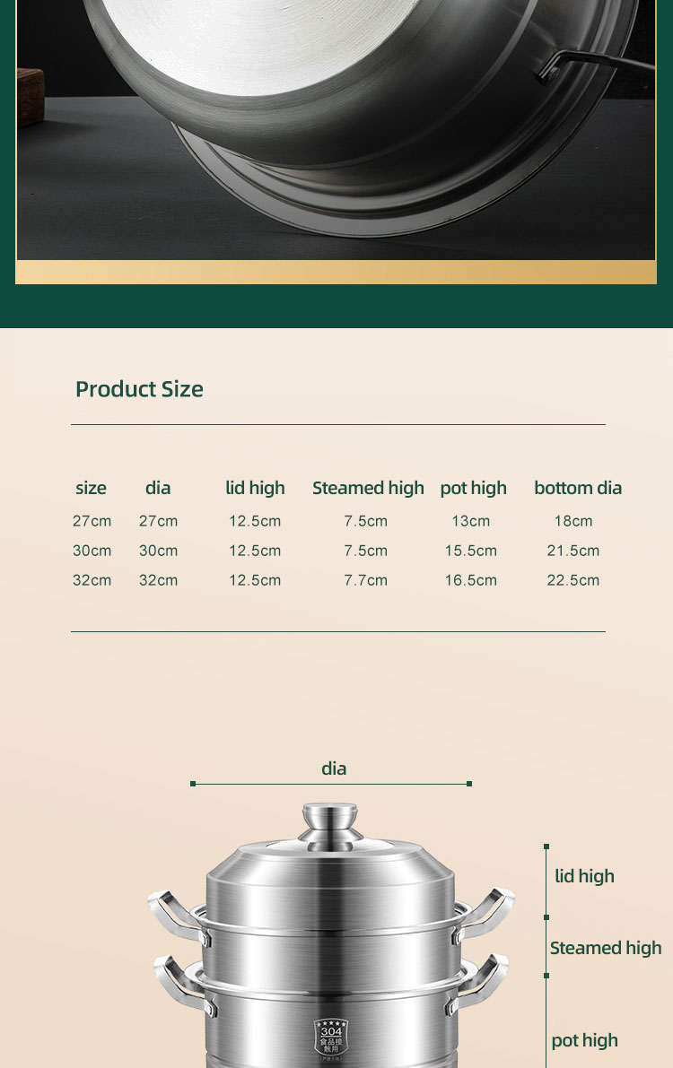 Custom Kitchen Cookware 3 layer Food Steamer Cooker Steamer Pot 304 Stainless Steel Steam Cooking Pot