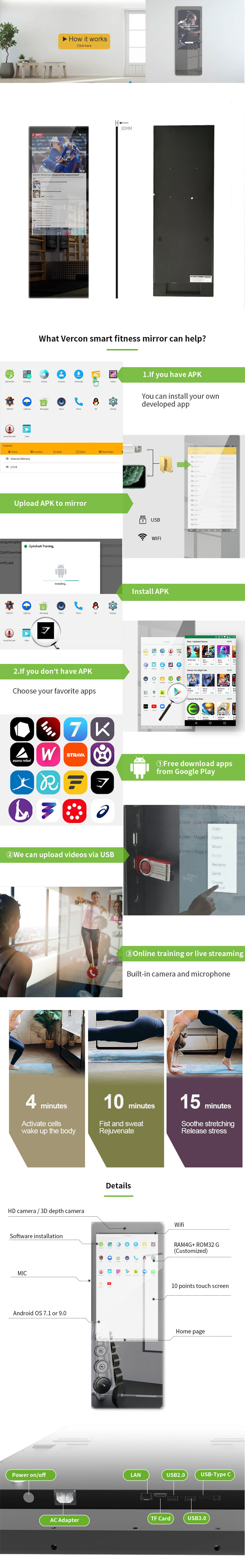 Floor Stand 43 Inch Smart Fitness Mirror Touch Screen Camera Intelligent Display