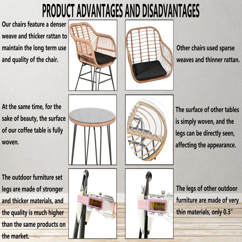 AJUNION 2 Seating Outdoor Patio Furniture Bistro Set D23.62''xW21.26''xH31.5'' Chair Size
