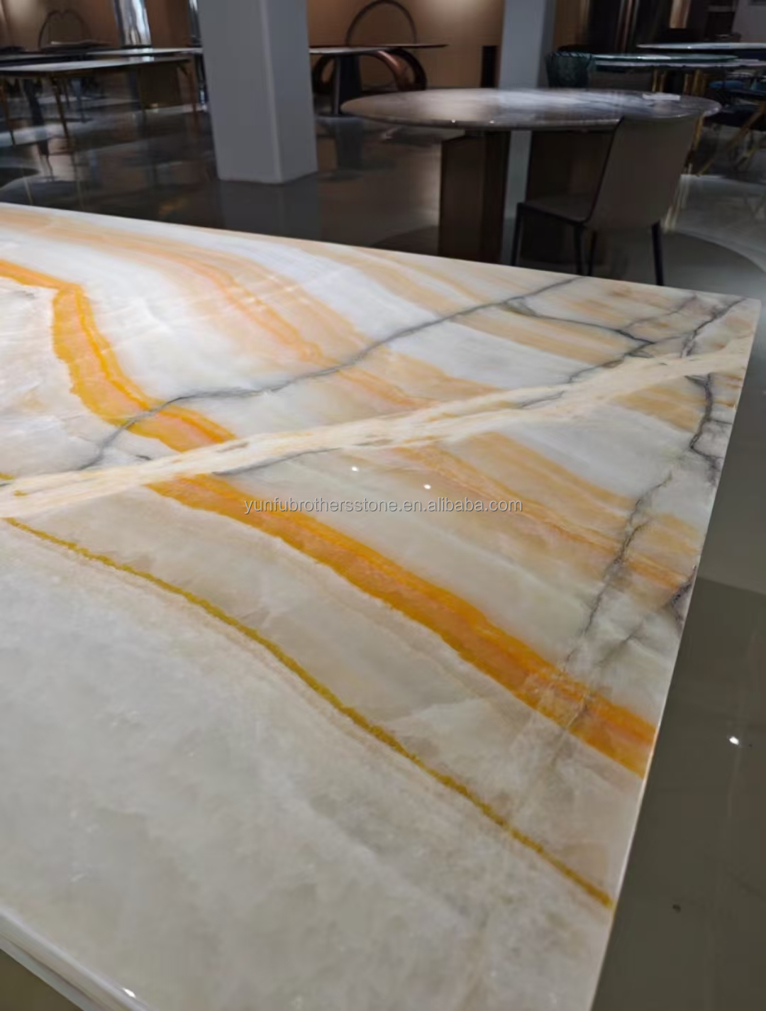 Hotel Table Furniture Design with Natural Stone Bookmatched Rainbow Onyx Marble Slab