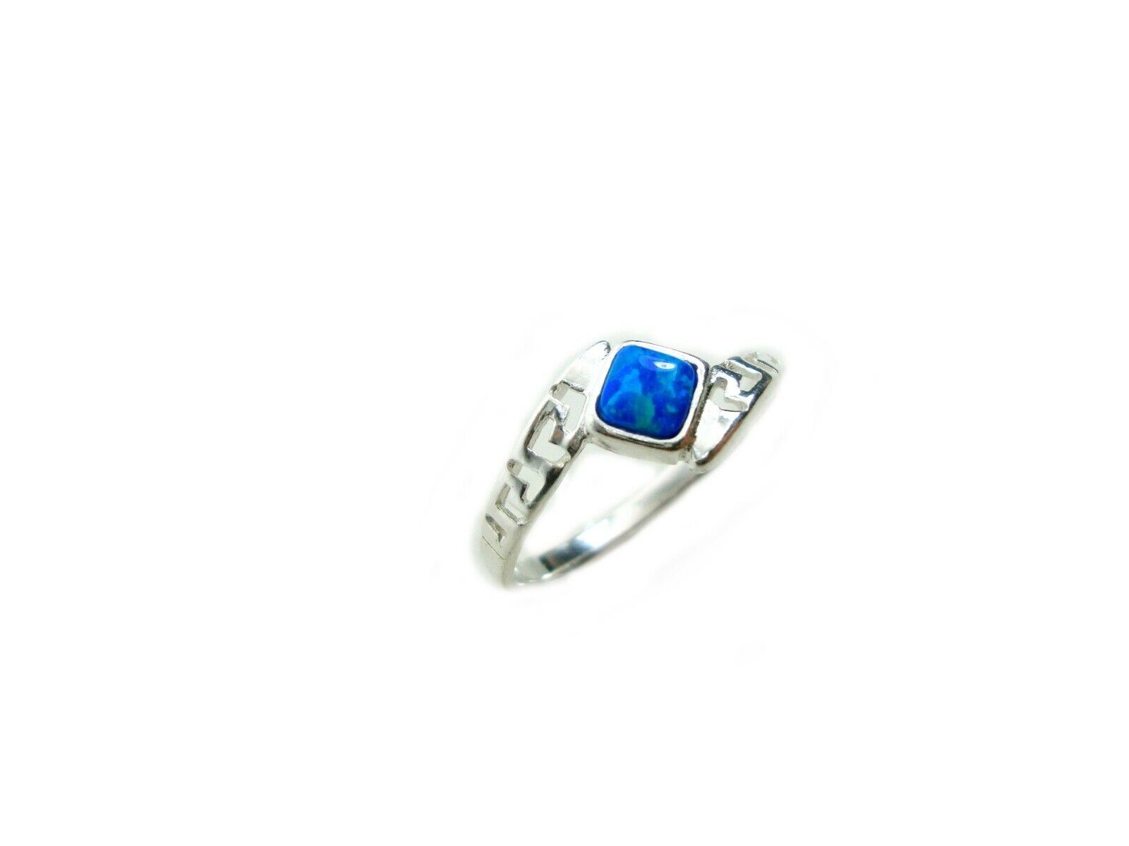 Sterling Sliver 925 Ancient Greek Meander Key Modern Fire Rainbow Blue Opal Engagement Ring