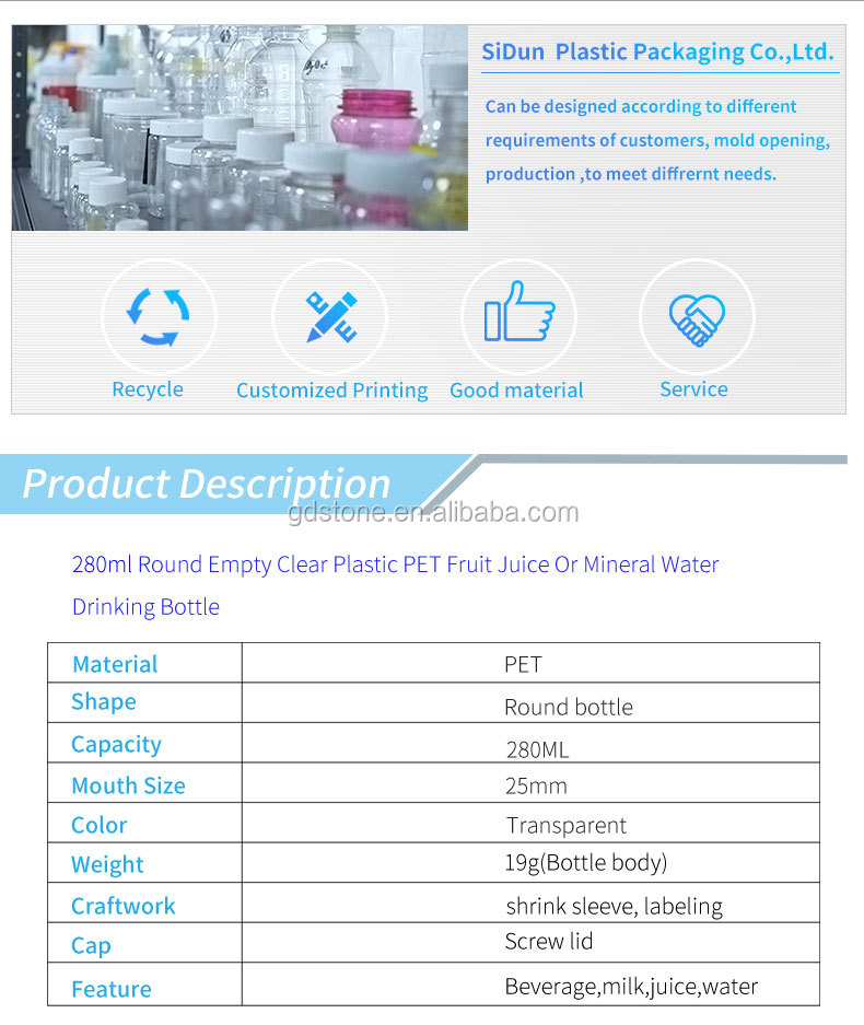 25mm Water PET Plastic Bottles Transparent Clear 280ml