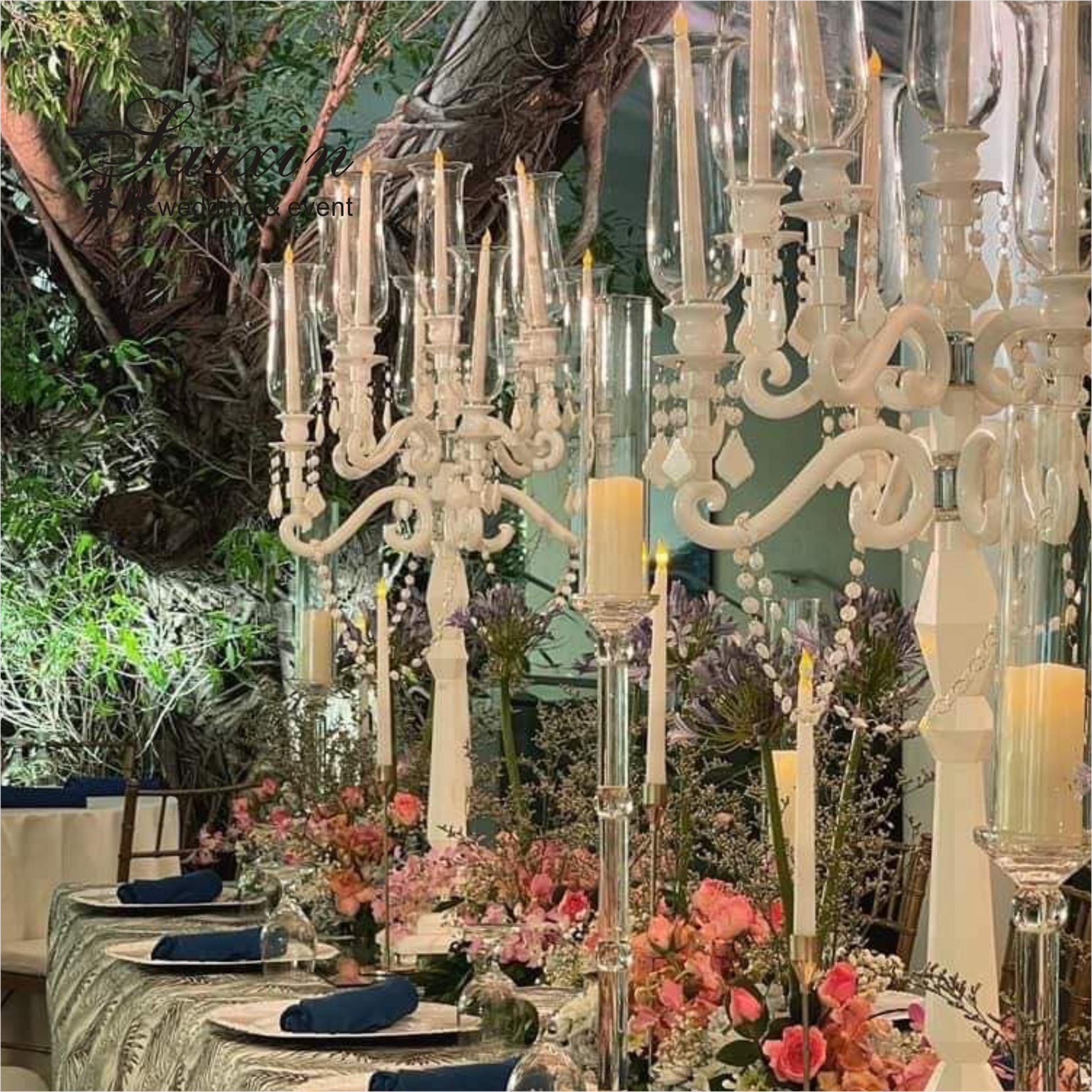 Blue Crystal Glass Candelabra Hurricane 9 Arm White Crystal Candelabra For Event Decor