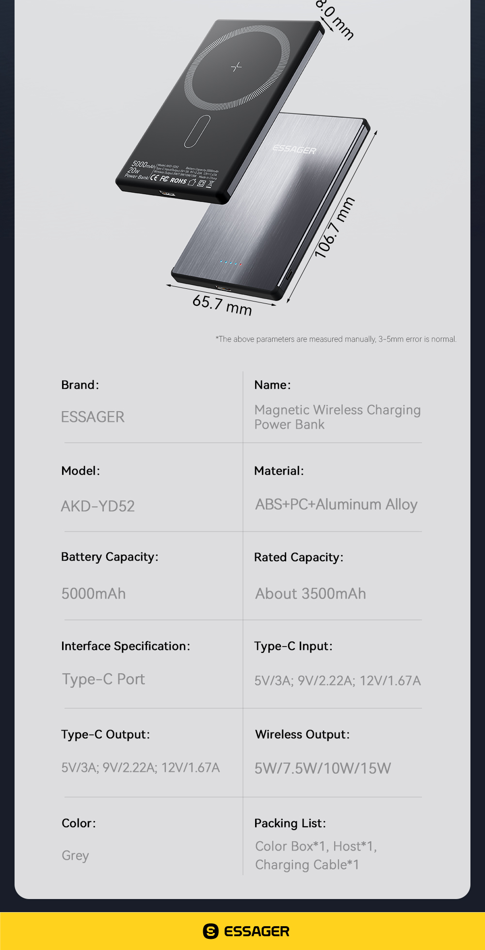 ABS PC Aluminum Alloy Fast Charging Power Bank Ultra Thin Wireless 5000mah