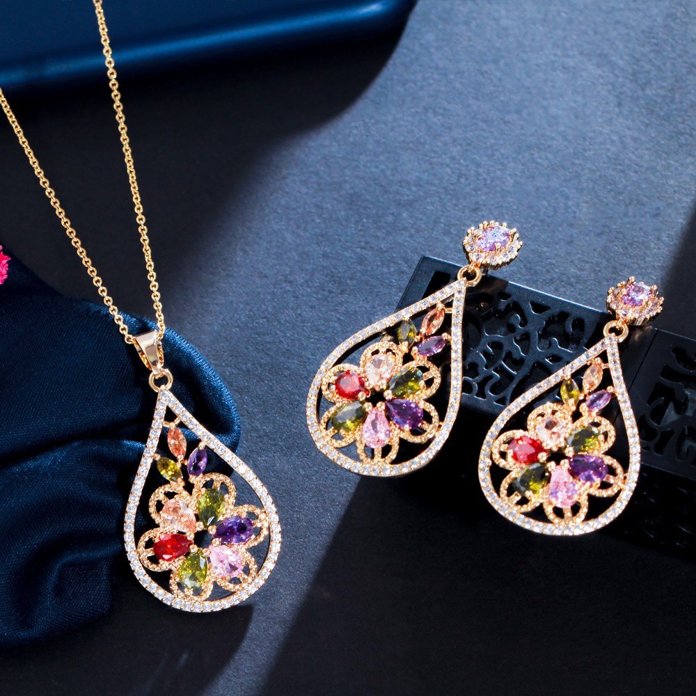 Women CZ zircon pendant necklace earrings ring copper jewelry set CZ Crystal Necklace and Earring Sets