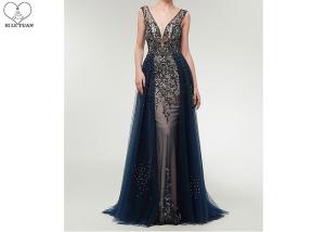 China Tulle V Neck Ball Gown Backless / Long Tail Navy Blue Beaded Prom Dress wholesale