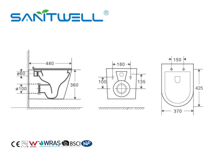 Self Clean Wall Mounted WC Ceramic Material Various Colors 480 * 370 * 360mm