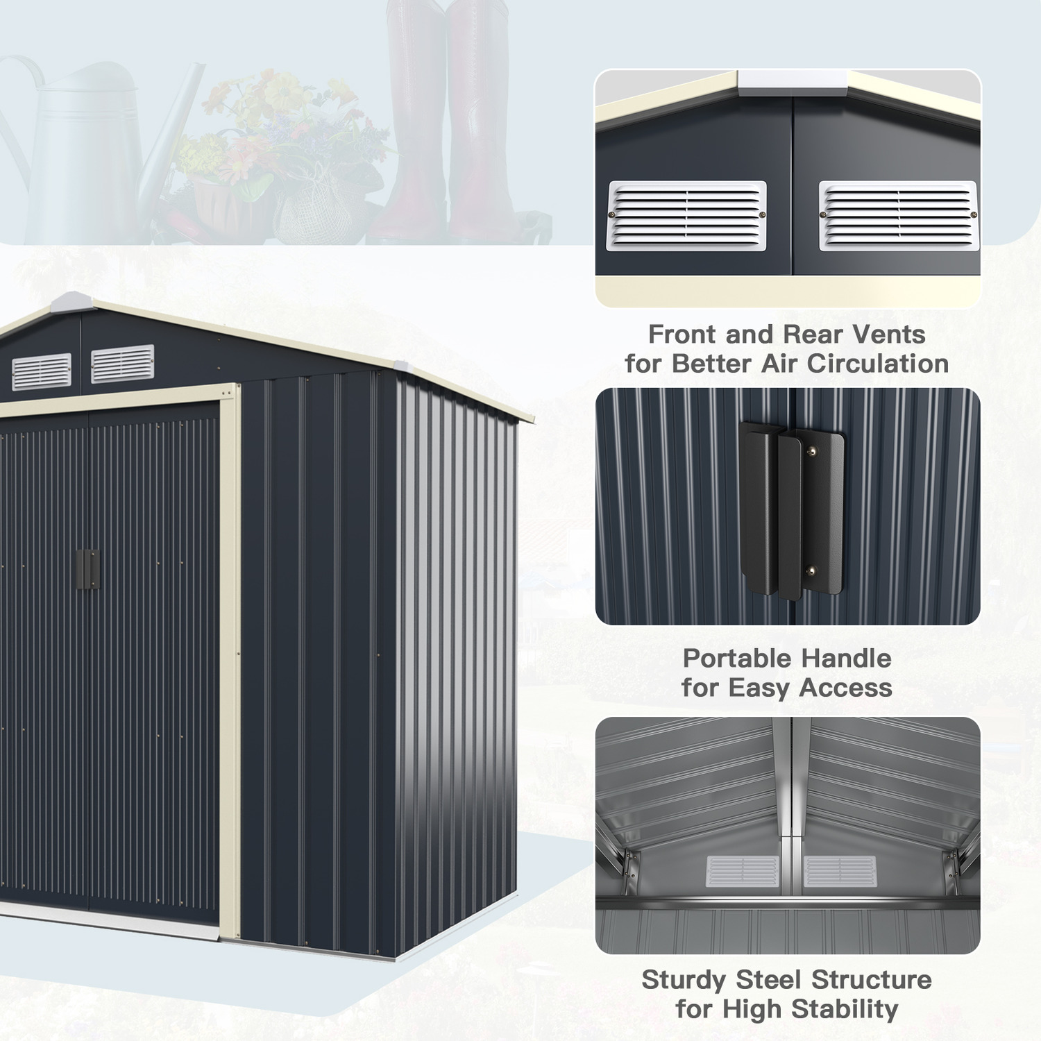 Large Size Metal Garden Building Shed with 4 Vents 43kg Powder Coated Frame by AJUNION