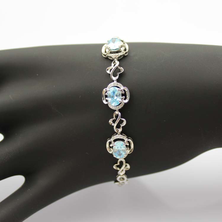925 Silver 5x7mm Created Blue Topaz Cubic Zircon Link Tennis Bracelet (H11)
