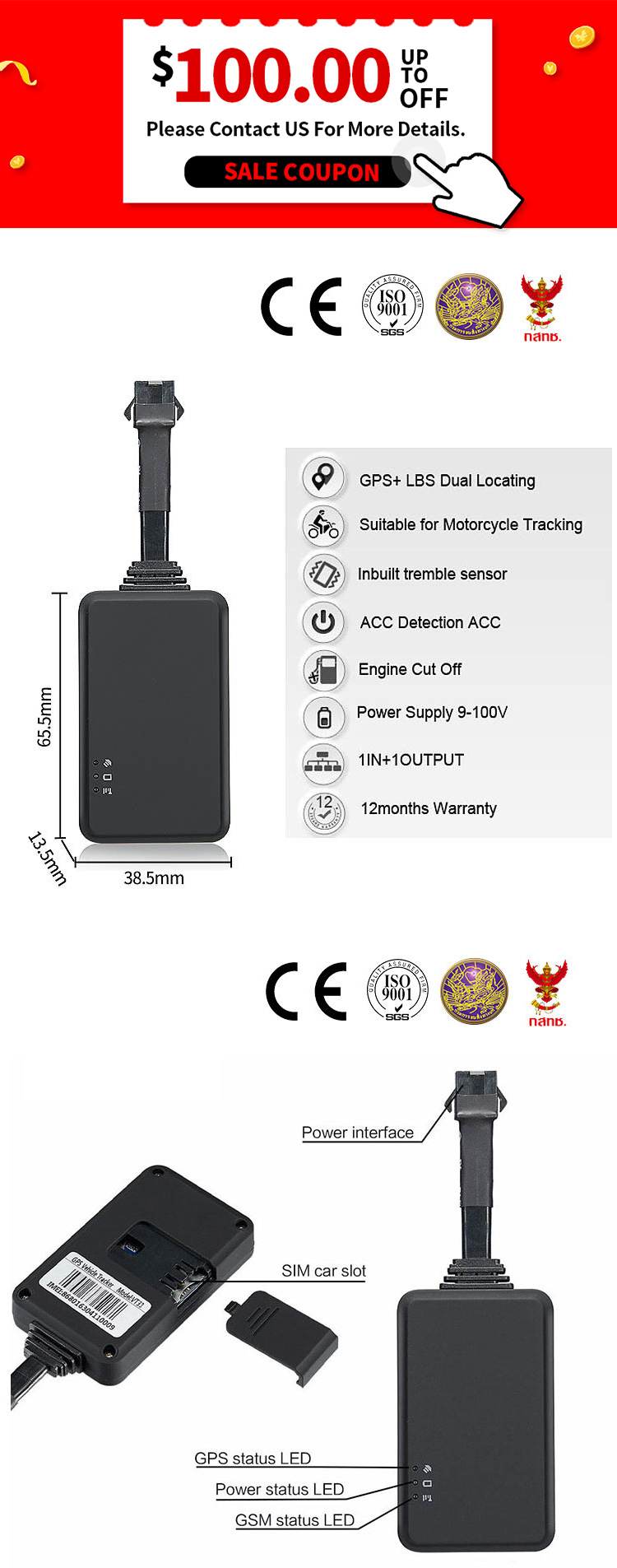 ACC Alarm And Stop Car Gps Tracking Device For Motorcycle Scooter