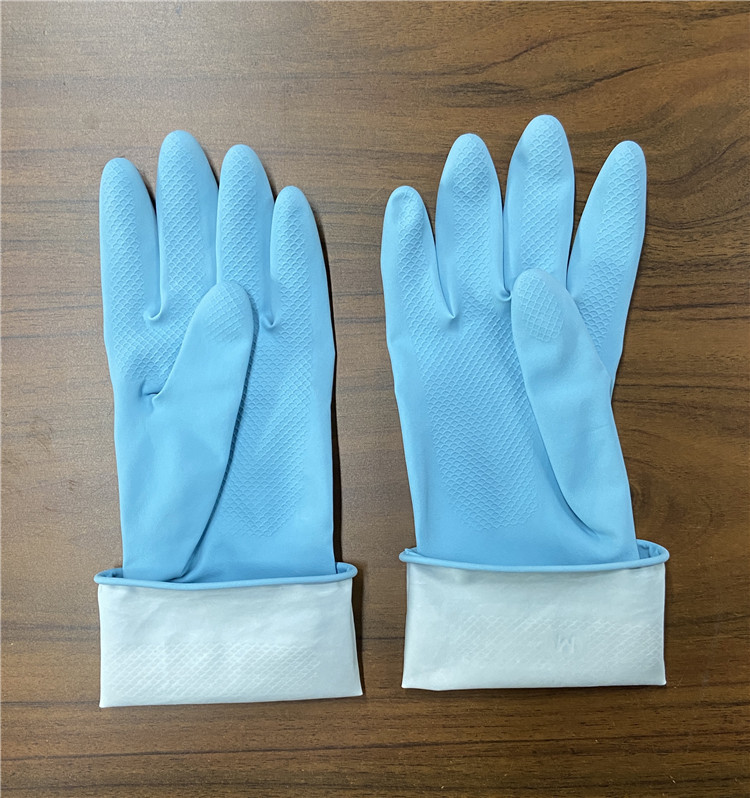 M 45g Blue Color 300mm Flock Lined Latex Gloves For Kitchen