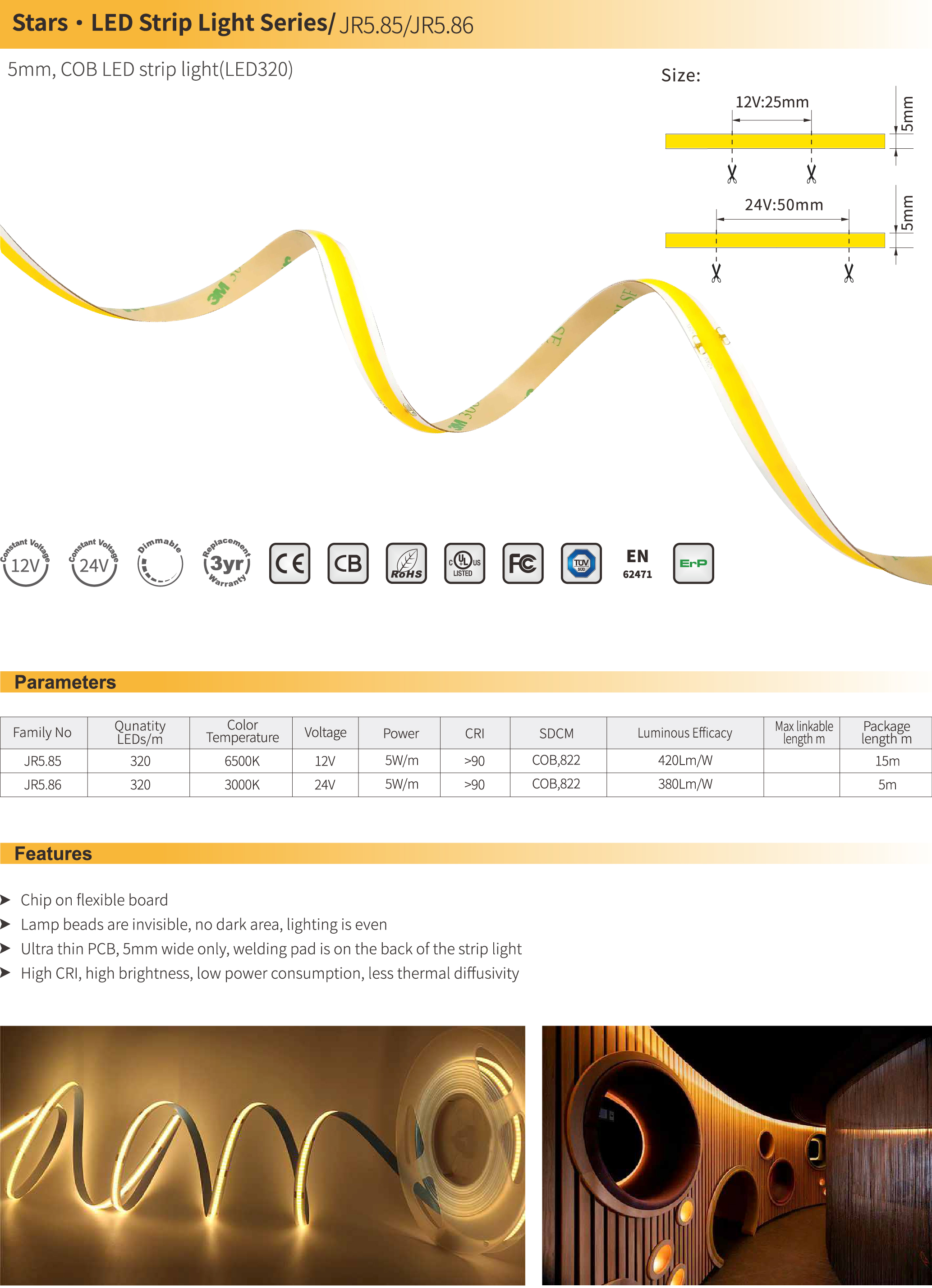 5mm 8mm COB Strip Light 5m Roll 5W/M LED Dimmable Light Strips