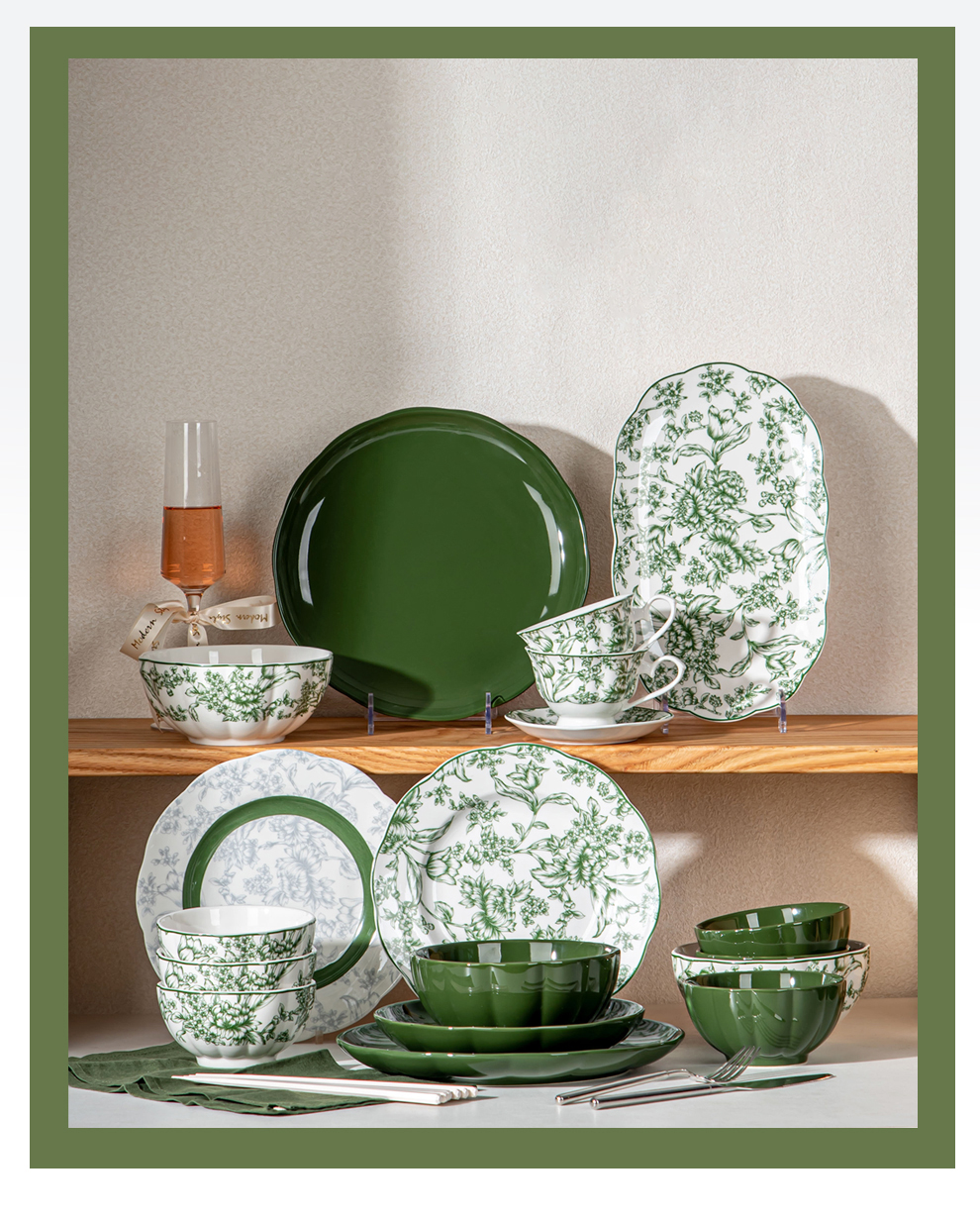 Restaurant Occasion Luxurious Green Ceramic Dinner Set With Flower Design