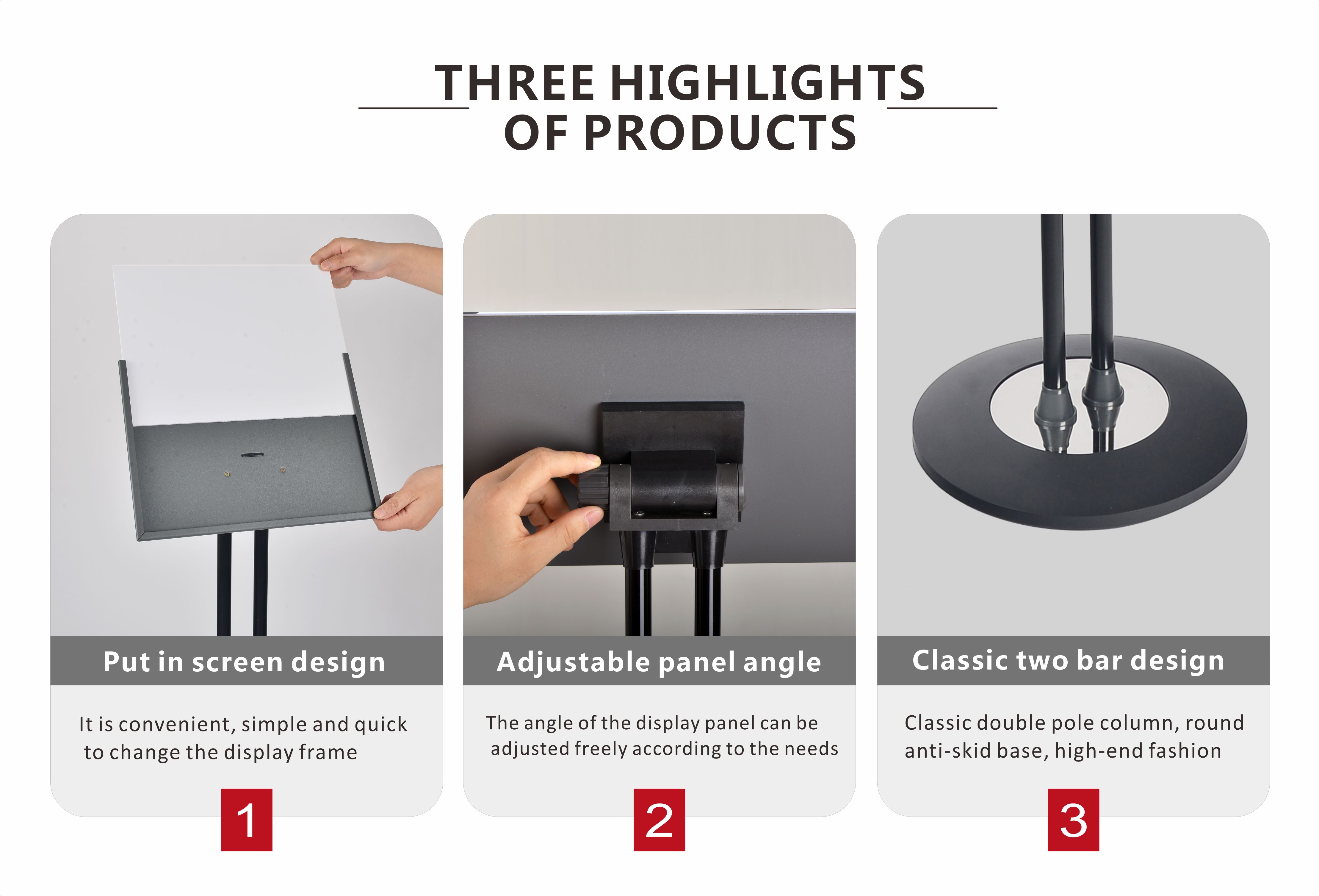 Base 280mm Poster Display Stand Double Pole Frame Angle Adjustable