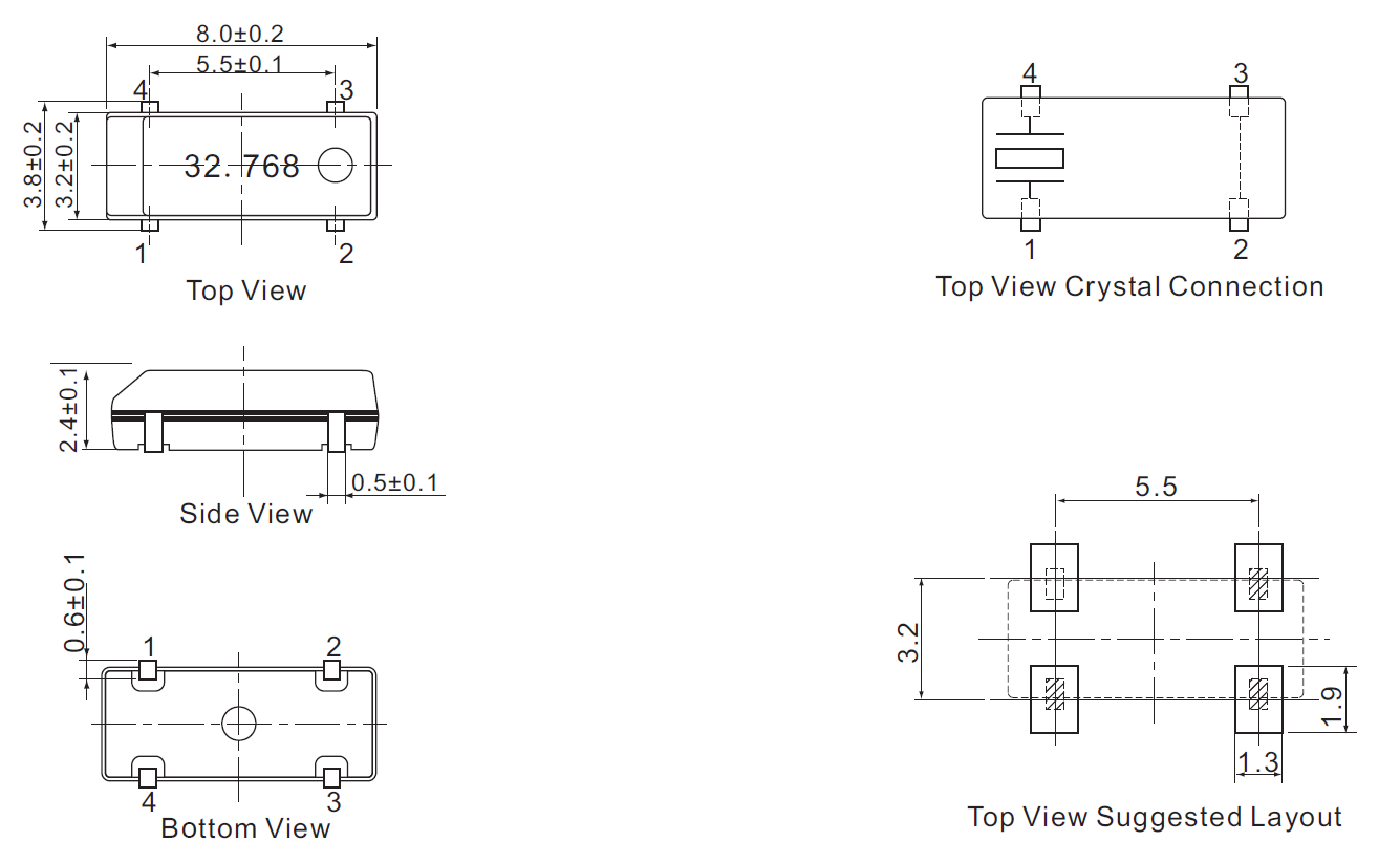 Industrial and Commercial 8038 32.768kHz Clock Crystal 8.0x3.8mm 4pin 12.5pF 20ppm 308C -SJK-