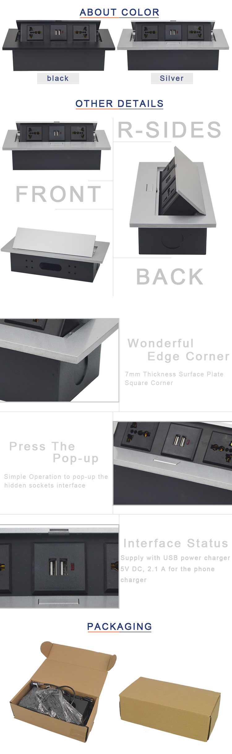 Conference tabletop hidden multi-functional desktop pop up socket with USB charger