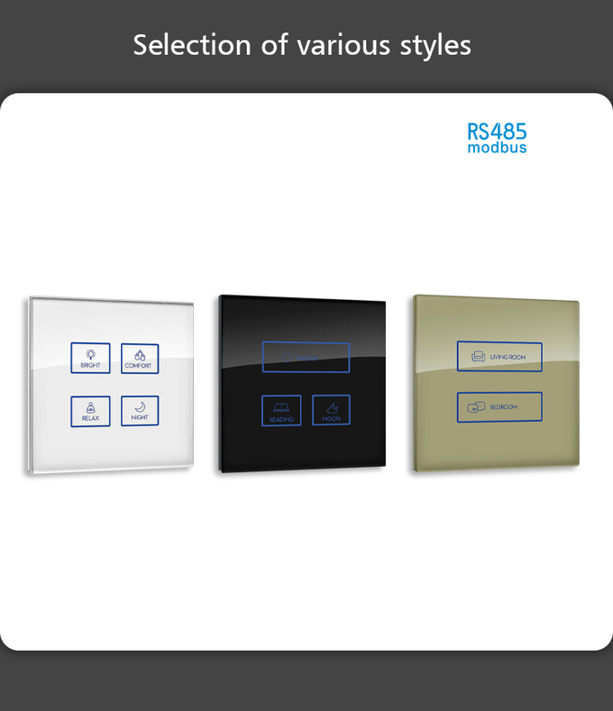 Glass Touch Screen Wall Switch RS485 Protocol Multi Color 86mm Type
